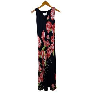 Vintage Cache Women Maxi Dress S Black Red Floral Rose Whimsigoth 90s Event